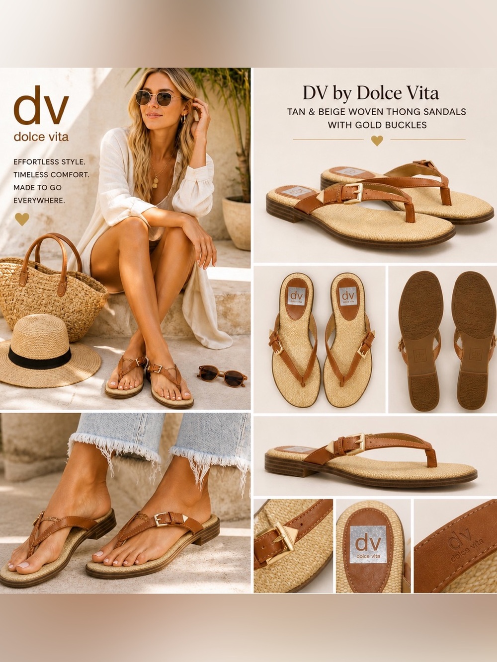 NWT DV by Dolce Vita Tan & Beige Woven Thong Sandals with Gold Buckles